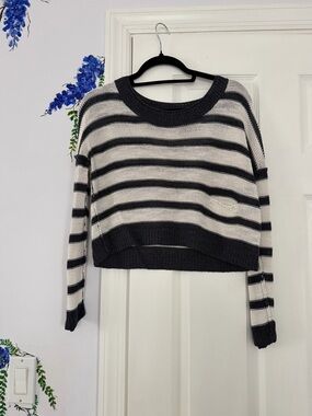 Striped Black and Cream Cropped Knit Sweater - Women